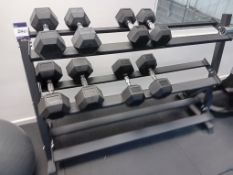 3 tier dumbbell rack to include : 2x 10kg dumbbells, 2x 15kg dumbbells, 2x 20kg dumbbells, 2 x