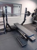 Technogym pure strength olympic flat bench to include : barbell, 2x 5kg plates, 2x 10kg plates, 2x