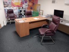 Contents to office to include : 3 various desks, 2 drawer pedestal, operators chair & 3x burgundy