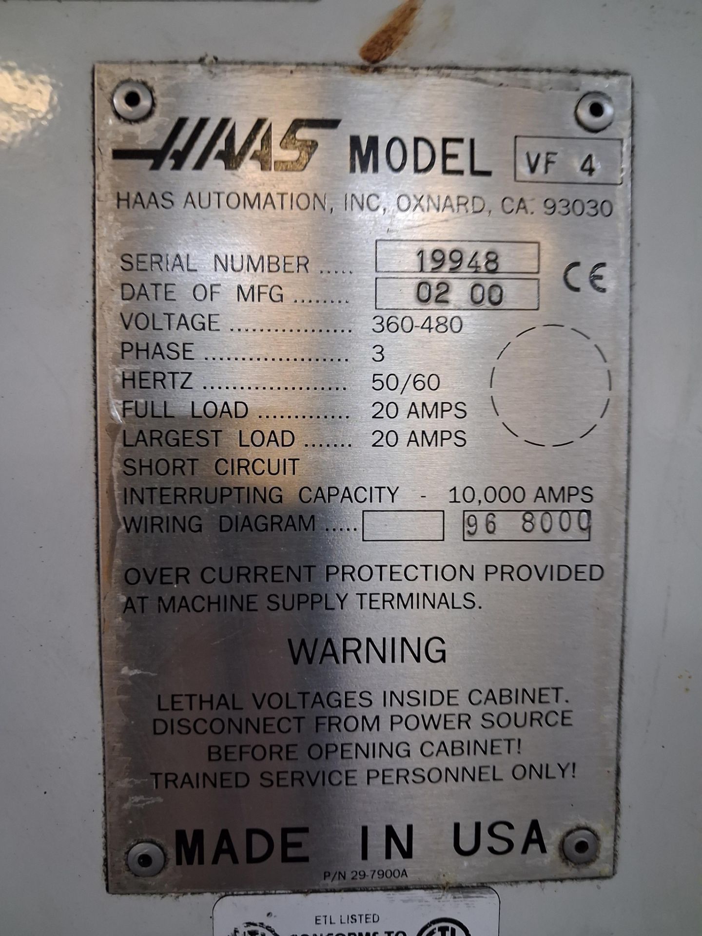 Year 2000 HAAS VF4 Vertical Milling Machine. Serial Number 19948. 415V - Image 7 of 8