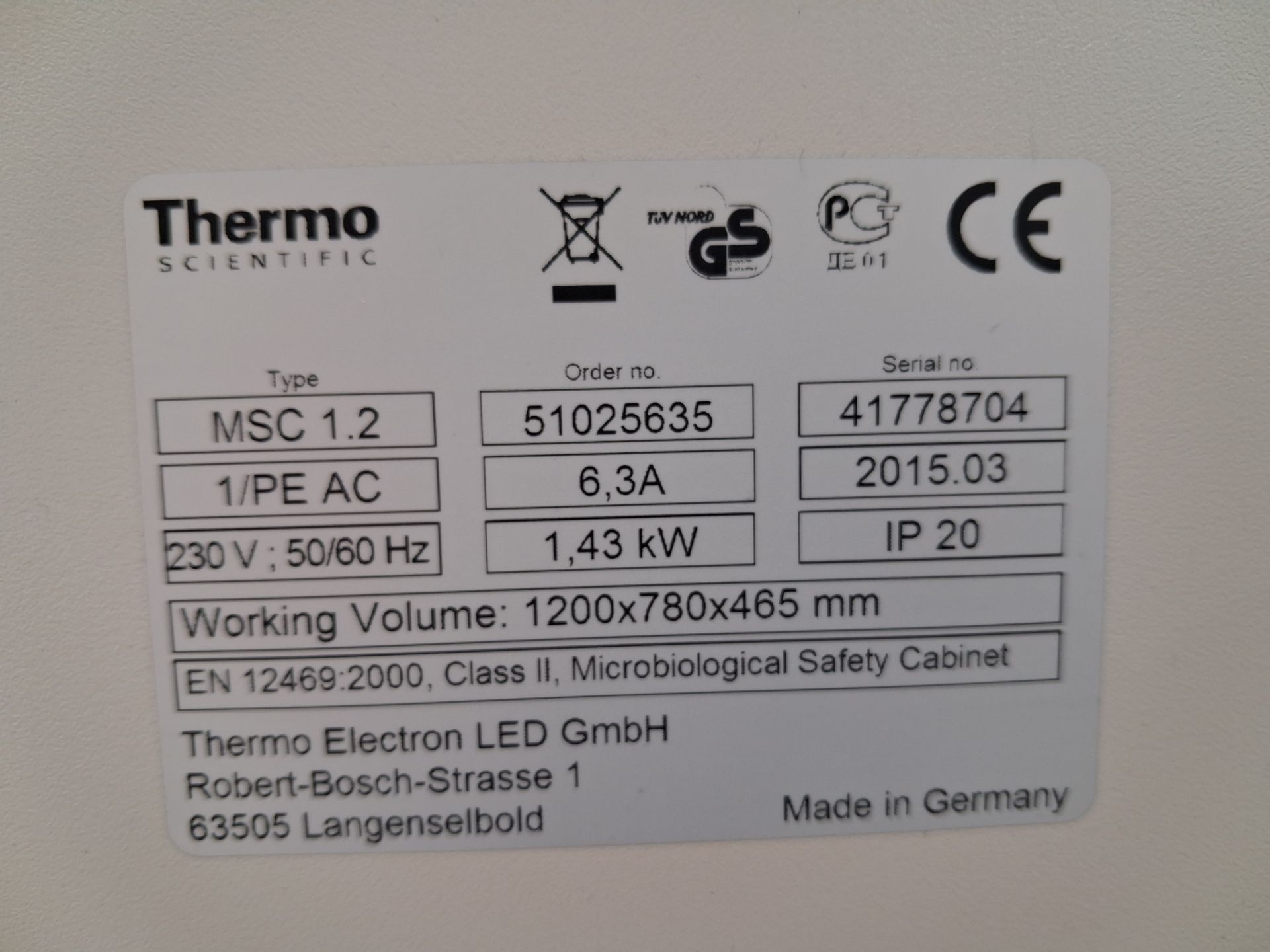 Thermo Scientific MSC Advantage 1.2m Class 2 Biological Safety Cabinet. Working Volume 1200mm X 780m - Image 6 of 7