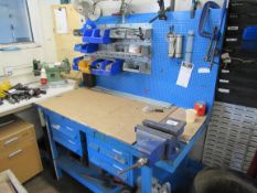 Steel workbench with vice and contents