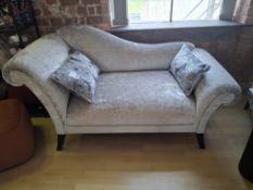 Crushed silver chaise long with 2 scatter cushions, total length 1600mm x 800mm(d)