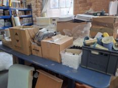Large quantity of upholstery components to include bar nails, fire labels and tags, facing clips, va