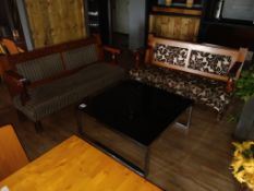 2 x Wooden Framed Upholstered Seats & Glass Topped Coffee Table