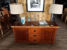 Wooden 2-Door, 3-Drawer Unit, 2 x Table Lamps & Bicycle Planter