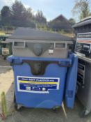 4x Commercial Wheelie Bins. 125 x 100 x 125cm. Mobile. 2 Grey, 1 Blue Drop front, 1 Black