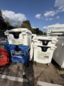 4 off Commercial Wheelie Bins. 125 x 100 x 125. Mobile. 3 White, 1 Blue with Drop front