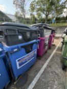 6x Commercial Wheelie Bins. 125 x 100 x 125cm. Mobile 3 Black, 2 purple with drop front, 1 Blue