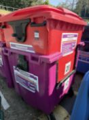 4x Commercial Wheelie Bins. 125 x 100 x 125cm. Mobile 2 Purple with drop front damaged, 2 Red