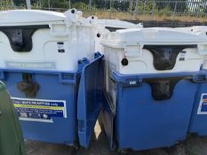 4x Commercial Wheelie Bins. 125 x 100 x 125cm. Mobile. 2 Blue with drop front, 2 White