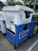2x Commercial Wheelie Bins. 125 x 100 x 125cm. Mobile. 1 White, 1 Blue drop front