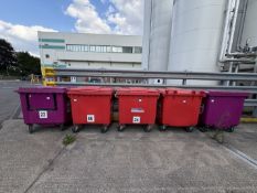 5x Commercial Wheelie Bins. 125 x 100 x 125cm. Mobile. 3 Red, 2 Purple