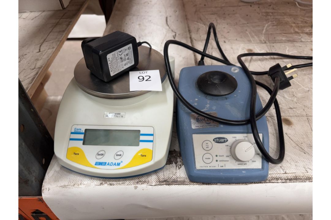 AE Adam Core Balance scales and a Stuart Vortex mixer - Image 1 of 3