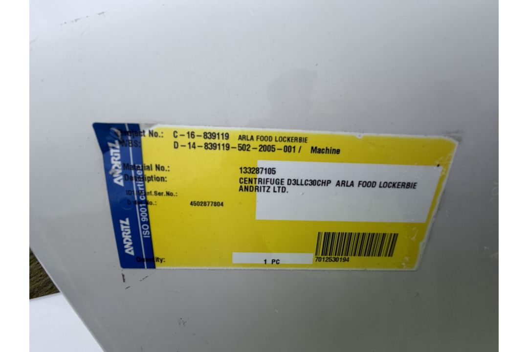 Andritz SAS Centrifuge Decanter, D3LLC30CHF, SN 13287105, YOM 2020, Operating speed 3800 rpm. This l - Image 5 of 12