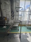 2x mobile work platforms in SS. Hand operated brake. 1 x 40 work height 110 x 80 cm platform. 1 x 12
