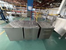 3x 316 SS Powder bins with twin doors top loading. Mobile. 70 x 52 x 70 cm. Located on 1st floor