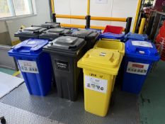 12 Wheelie Bins various colours and 1 with no lid plus 3 small mobile sorting bins plus 2 trolleys.