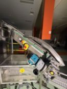 MSD SS Conveyor system. 25 cm plastic slat belt. 200 cm run on elevated frame feeding 700 cm to conv