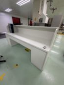 White heavy duty laminate Control/Reception desk with 3 drawers and 2 cabinets underslung. 280 x 80