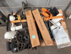 Contents of pallet to include 2 x resaw feeders, 2 x mitre fences, box of spanners, turning tooling,