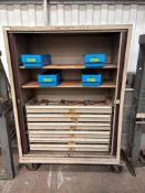 Mobile tambour fronted tool cabinet and contents. Please note there is a £5 Plus VAT Lift Out Fee on