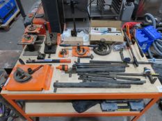 Various metal craft, equipment and metal stock, together with a workbench and 2x fabricated metal st