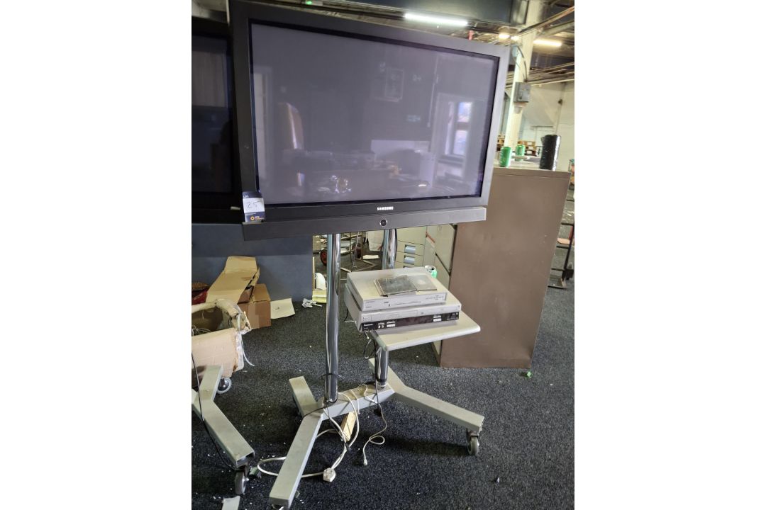 Samsung PS-42V65 42� television on mobile stand with Panasonic DVD/VHS combi and Sky Digibox - Image 1 of 4