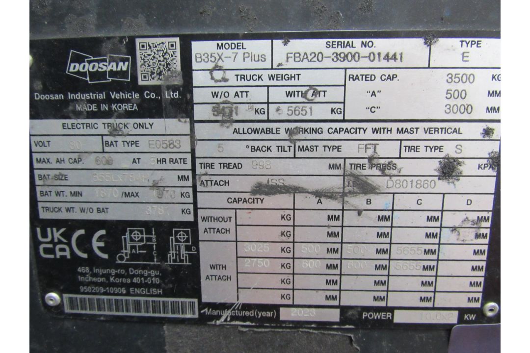 Doosan B35X-7 Plus Electric forklift truck, 3500KG, Serial Number FBA20-43900-01441, No Forks, No Ba - Image 13 of 13