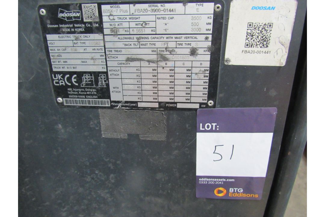Doosan B35X-7 Plus Electric forklift truck, 3500KG, Serial Number FBA20-43900-01441, No Forks, No Ba - Image 10 of 13
