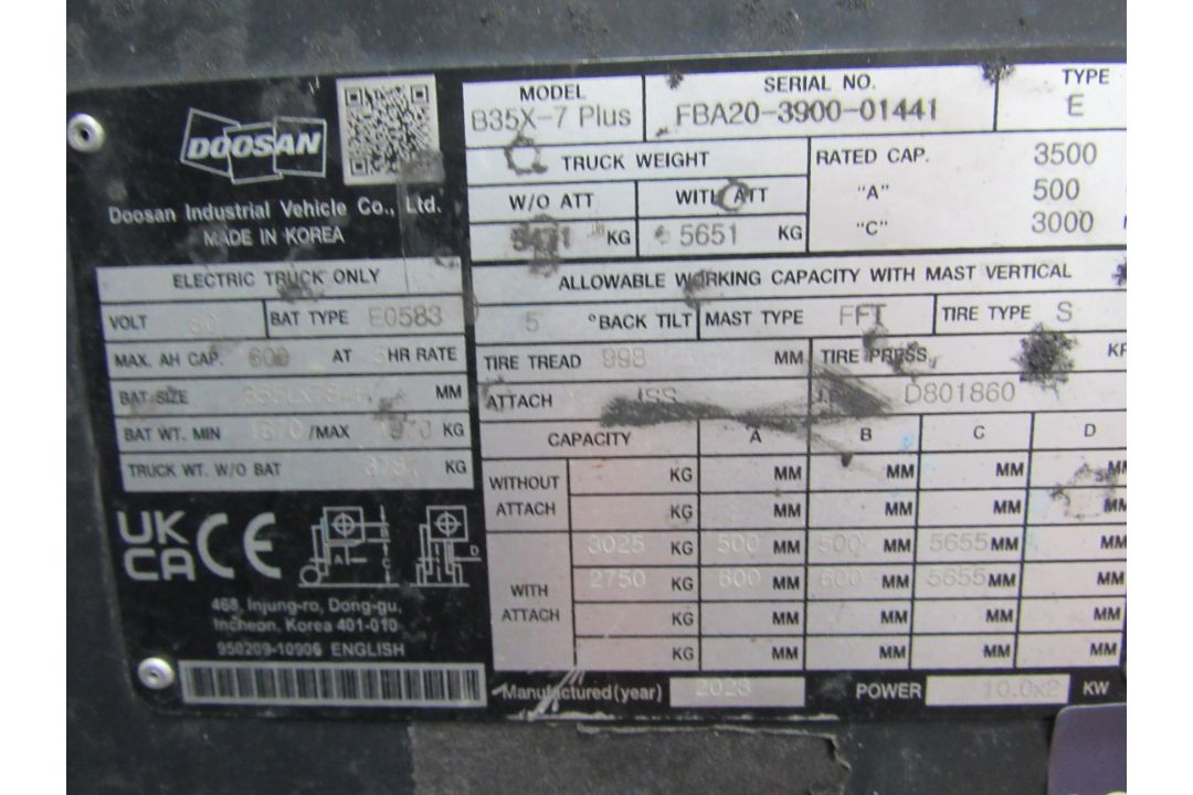 Doosan B35X-7 Plus Electric forklift truck, 3500KG, Serial Number FBA20-43900-01441, No Forks, No Ba - Image 12 of 13
