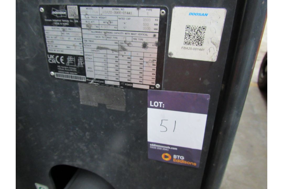 Doosan B35X-7 Plus Electric forklift truck, 3500KG, Serial Number FBA20-43900-01441, No Forks, No Ba - Image 11 of 13