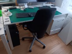 White desk with 3 drawer pedestal and operators chair (IT and component equipment not included)