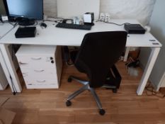 White desk with 3 drawer pedestal and operators chair (IT and component equipment not included)