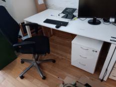 White desk with 3 drawer pedestal and operators chair (IT and component equipment not included)