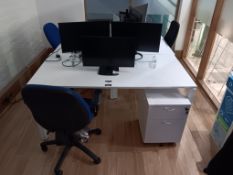 3 x White desk with 2 x 2 drawer pedestals, 1 x 3 drawer pedestal and 3 x operators chairs (IT and c