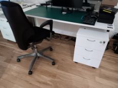 White desk with 3 drawer pedestal and operators chair (IT and component equipment not included)