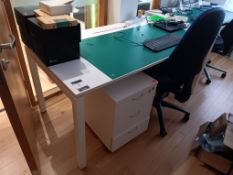 White desk with 3 drawer pedestal and operators chair (IT and component equipment not included)