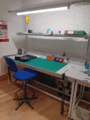 Workbench with overhead shelf and overhead lighting (contents not included) with height adjustable c