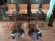 2 x Glass topped high tables with 4 x wooden topped chairs