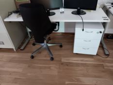 White desk with 3 drawer pedestal and operators chair (IT and component equipment not included)