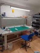 Workbench with overhead shelf and overhead lighting (contents not included) with height adjustable c