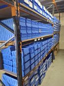 Large quantity of blue plastic storage boxes in various sizes