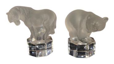 A pair of Goebel frosted glass animal paperweights, comprising a standing horse with lowered head