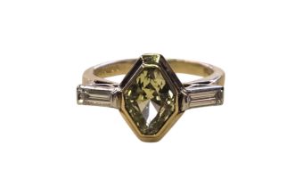 An Art Deco Style 18ct Gold Green Sapphire and Diamond Ring, Set with an elongated hexagonal-cut