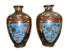 A pair of Japanese miniature cloisonné enamel vases, Meiji period, of baluster form with flared