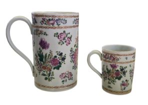 Two Chinese export famille rose porcelain tankards, of cylindrical form with loop handles, enamelled