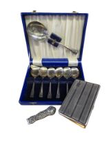 A Cased Set of Six EPNS Dessert/Fruit Spoons with Serving Spoon, White Metal engine-turned Cigarette