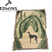 A contemporary wall hanging with hedge garden and greyhound scene, 160cm x 128cm.