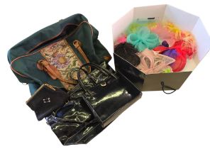 Collection of Ladies' Bags, Travel Holdall & Millinery, comprising a Harrods black patent handbag